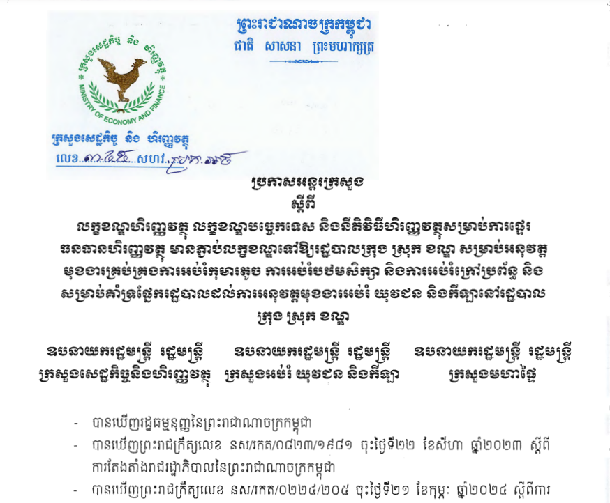 ប្រកាសអន្តរក្រសួង ស្តីពី លក្ខខណ្ឌហិរញ្ញវត្ថុ លក្ខខណ្ឌបច្ចេកទេស និងនីតិវិធីហិរញ្ញវត្ថុសម្រាប់ការផ្ទេរ ធនធានហិរញ្ញវត្ថុ មានភ្ជាប់លក្ខខណ្ឌទៅឱ្យរដ្ឋបាលក្រុង ស្រុក ខណ្ឌ សម្រាប់អនុវត្ត មុខងារគ្រប់គ្រងការអប់រំកុមារតូច ការអប់រំបឋមសិក្សា និងការអប់រំក្រៅប្រព័ន្ធ និង សម្រាប់គាំទ្រផ្នែករដ្ឋបាលដល់ការអនុវត្តមុខងារអប់រំ យុវជន និងកីឡានៅរដ្ឋបាល ក្រុង ស្រុក ខណ្ឌ